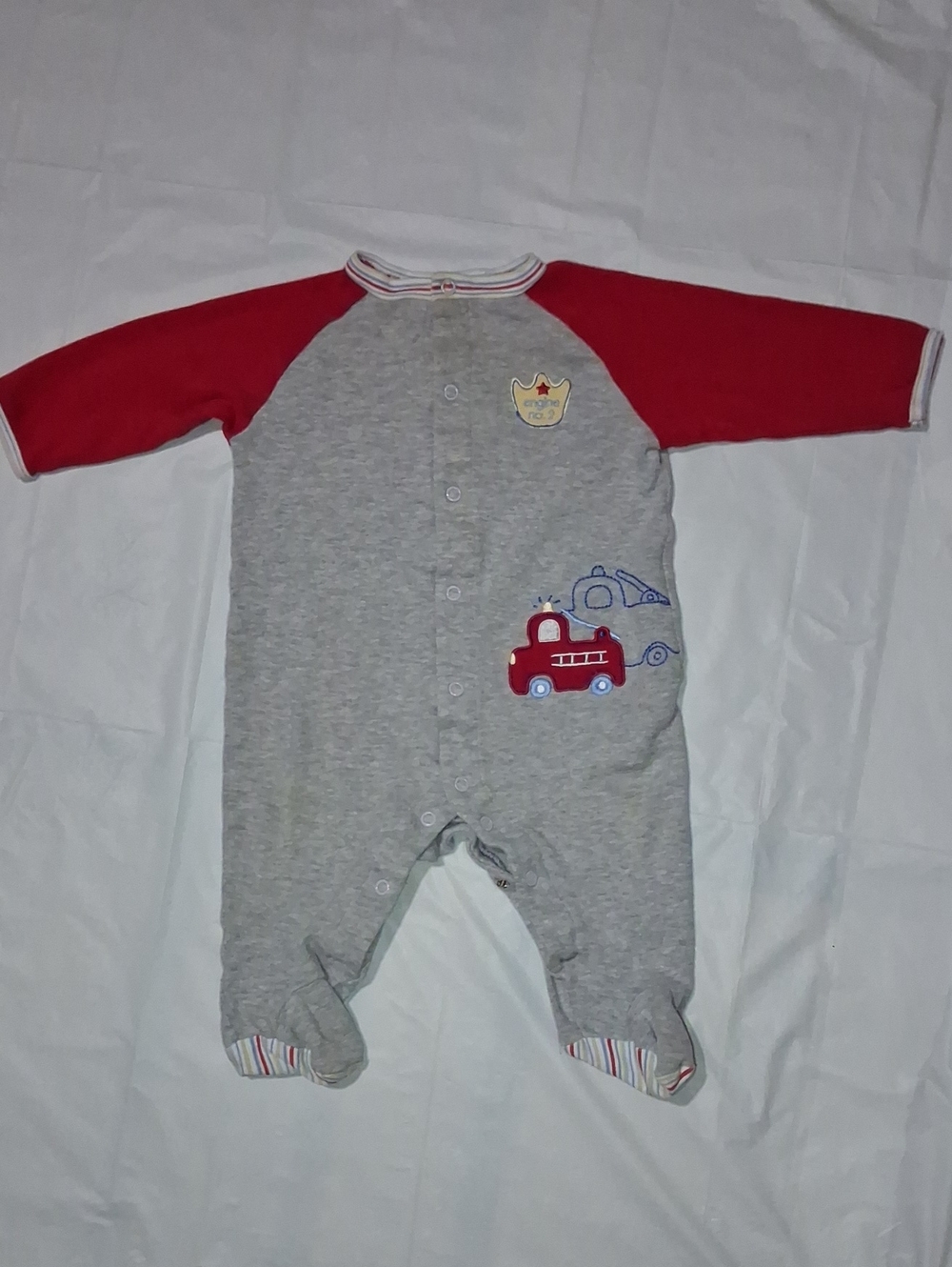 🚒Baby Footed One-Piece Romper in Gray and Red with Firetruck 🚒